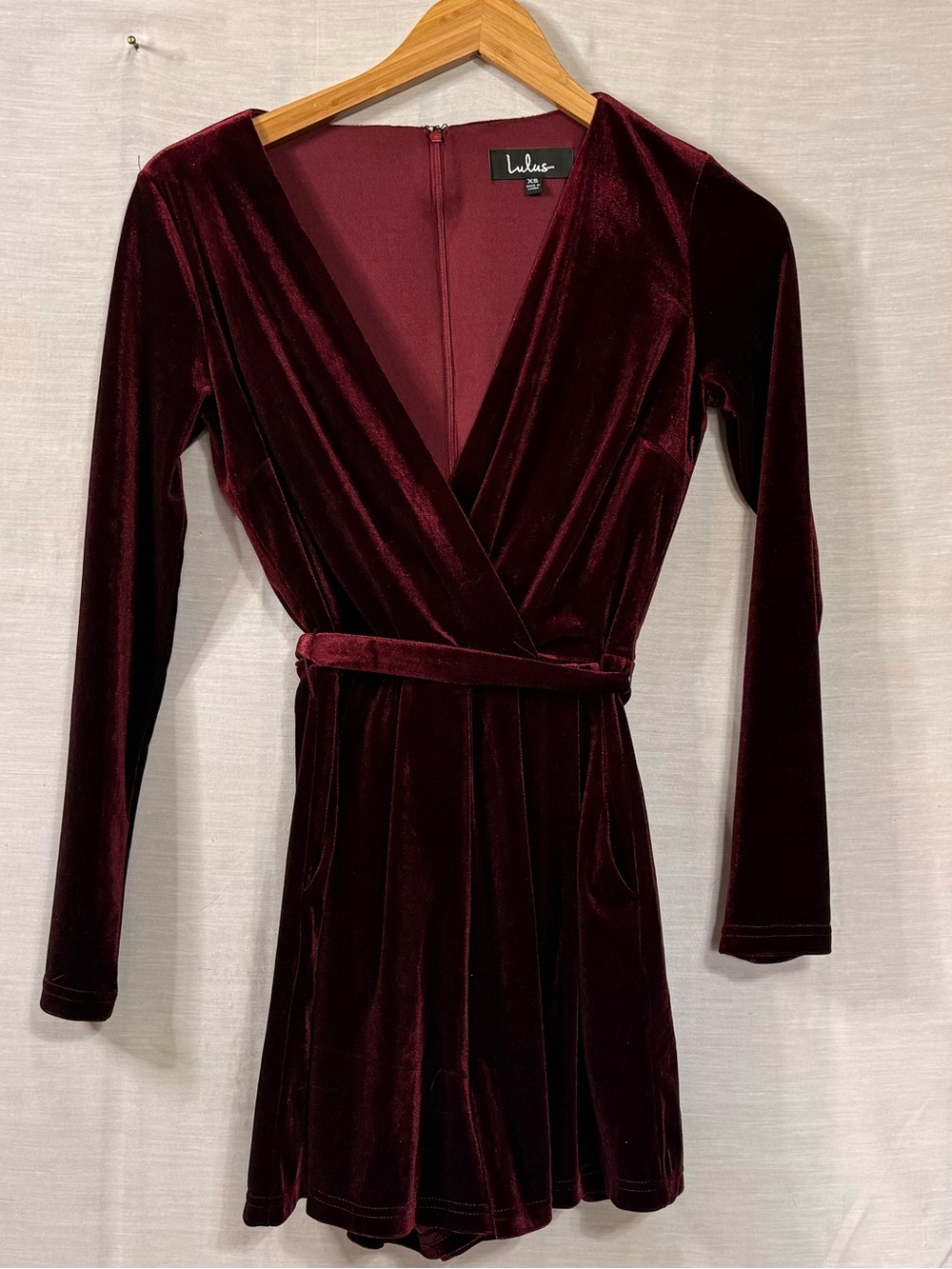 Lulus Burgundy Velvet Long Sleeve Belted Romper XS